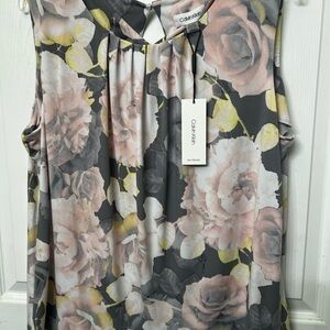 Calvin Klein Floral Sleeveless Blouse - Gray, Pink, and Yellow